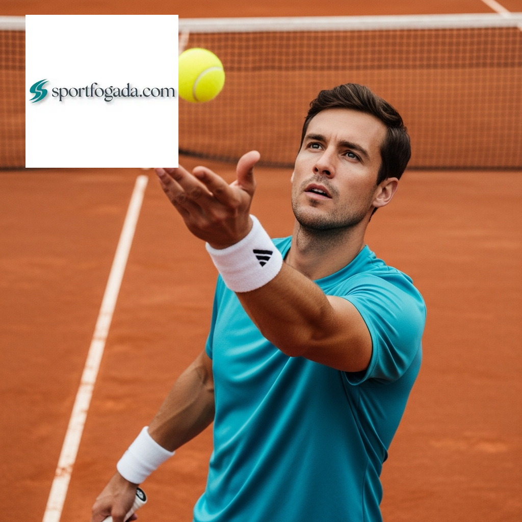 Férfi teniszező éppen szervál egy salakpályás Grand Slam tornán.